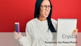  Presentation with colored pencils - PPT layouts having beautiful-hispanic-woman-holding-canvas background and a light gray colored foreground