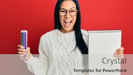  Presentation with colored pencils - Presentation design consisting of beautiful-hispanic-woman-holding-canvas background and a light gray colored foreground
