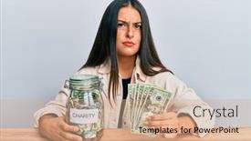  Presentation with charity - Slide set with beautiful-hispanic-woman-holding-charity background and a coral colored foreground