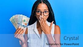  Presentation with beautiful hispanic woman - PPT theme with beautiful-hispanic-woman-holding-dollars background and a light blue colored foreground