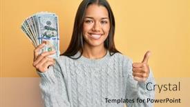  Presentation with beautiful hispanic woman - Slides enhanced with beautiful-hispanic-woman-holding-dollars background and a  colored foreground