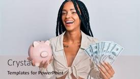  Presentation with beautiful hispanic woman - Amazing PPT theme having beautiful-hispanic-woman-holding-dollars backdrop and a coral colored foreground