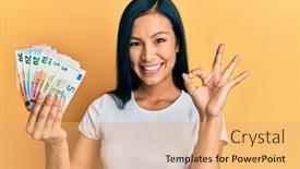  Presentation with beautiful hispanic woman - PPT theme with beautiful-hispanic-woman-holding-euro background and a yellow colored foreground