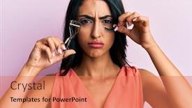  Presentation with beautiful hispanic woman - Audience pleasing slide deck consisting of beautiful-hispanic-woman-holding-eyelash backdrop and a coral colored foreground