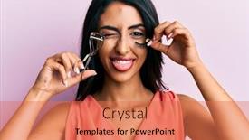  Presentation with hispanic millennials - PPT theme with beautiful-hispanic-woman-holding-eyelash background and a coral colored foreground