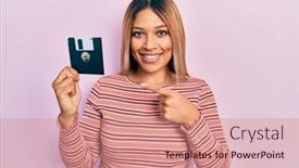  Presentation with beautiful hispanic woman - PPT theme with beautiful-hispanic-woman-holding-floppy background and a coral colored foreground