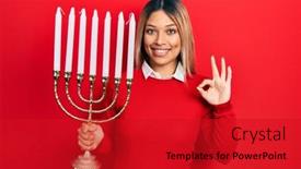  Presentation with beautiful hispanic woman - Beautiful PPT layouts featuring beautiful-hispanic-woman-holding-menorah backdrop and a crimson colored foreground