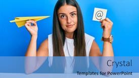  Presentation with email - PPT layouts having beautiful-hispanic-woman-holding-paper background and a teal colored foreground