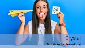  Presentation with email - Cool new PPT layouts with beautiful-hispanic-woman-holding-paper backdrop and a light blue colored foreground