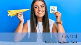  Presentation with email - PPT theme enhanced with beautiful-hispanic-woman-holding-paper background and a light blue colored foreground