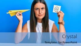  Presentation with email - Colorful slide set enhanced with beautiful-hispanic-woman-holding-paper backdrop and a light blue colored foreground
