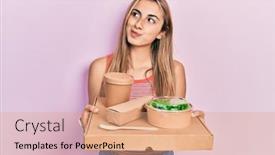  Presentation with beautiful hispanic woman - Presentation design having beautiful-hispanic-woman-holding-tray background and a  colored foreground