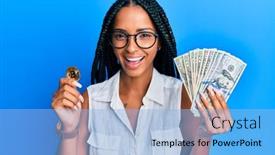  Presentation with bitcoin - Beautiful PPT layouts featuring beautiful-hispanic-woman-holding-virtual backdrop and a light blue colored foreground