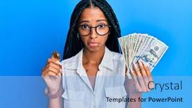  Presentation with beautiful hispanic woman - Cool new presentation theme with beautiful-hispanic-woman-holding-virtual backdrop and a light blue colored foreground