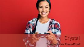  Presentation with controller - Colorful slides enhanced with beautiful-hispanic-woman-playing-video backdrop and a red colored foreground