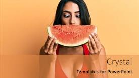 Presentation with crazy - Theme with beautiful-hispanic-woman-putting-watermelon background and a gold colored foreground