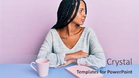  Presentation with coffee book - Presentation design having beautiful-hispanic-woman-reading background and a light blue colored foreground