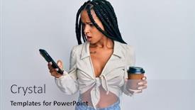  Presentation with anger - Slide set consisting of beautiful-hispanic-woman-using-smartphone background and a light gray colored foreground