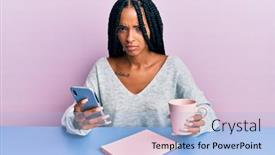  Presentation with beautiful hispanic woman - Colorful presentation design enhanced with beautiful-hispanic-woman-using-smartphone backdrop and a light blue colored foreground