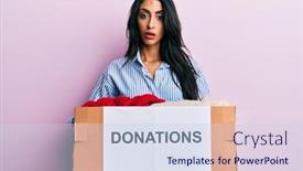 Presentation with volunteer - Cool new PPT theme with beautiful-hispanic-woman-volunteer-holding backdrop and a sky blue colored foreground