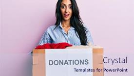  Presentation with volunteer - Colorful presentation enhanced with beautiful-hispanic-woman-volunteer-holding backdrop and a sky blue colored foreground