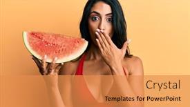  Presentation with beautiful hispanic woman - PPT theme enhanced with beautiful-hispanic-woman-wearing-bikini background and a gold colored foreground