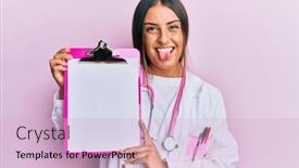  Presentation with clipboard stethoscope - PPT theme having beautiful-hispanic-woman-wearing-doctor background and a lemonade colored foreground