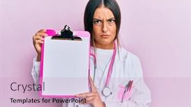  Presentation with clipboard stethoscope - PPT theme with beautiful-hispanic-woman-wearing-doctor background and a lemonade colored foreground
