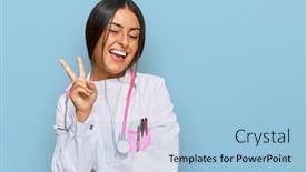  Presentation with beautiful hispanic woman - Cool new slide deck with beautiful-hispanic-woman-wearing-doctor backdrop and a light blue colored foreground