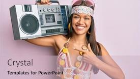 Presentation with boom box - Audience pleasing slide deck consisting of beautiful-hispanic-woman-wearing-hippie backdrop and a soft green colored foreground