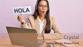  Presentation with beautiful hispanic woman - Presentation theme featuring beautiful-hispanic-woman-wearing-operator background and a coral colored foreground