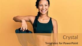  Presentation with sporty - Audience pleasing theme consisting of beautiful-hispanic-woman-wearing-sportswear backdrop and a yellow colored foreground
