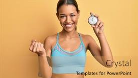  Presentation with clock countdown - PPT theme consisting of beautiful-hispanic-woman-wearing-sportswear background and a yellow colored foreground
