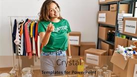  Presentation with beautiful hispanic woman - Slide deck featuring beautiful-hispanic-woman-wearing-volunteer background and a coral colored foreground