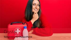  Presentation with first aid kit - Beautiful PPT theme featuring beautiful-hispanic-woman-with-first backdrop and a red colored foreground