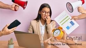  Presentation with beautiful hispanic woman - PPT theme featuring beautiful-hispanic-woman-working background and a coral colored foreground