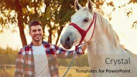  Presentation with rider - Audience pleasing slide set consisting of beautiful horse at summer day on the farm with smiling man rider backdrop and a coral colored foreground