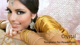  Presentation with indian fashion traditional - Theme consisting of beautiful indian brunette young woman background and a gold colored foreground