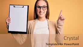  Presentation with inspector - Beautiful PPT theme featuring beautiful-inspector-woman-wearing-glasses backdrop and a coral colored foreground
