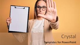  Presentation with inspector - Presentation theme enhanced with beautiful-inspector-woman-wearing-glasses background and a coral colored foreground