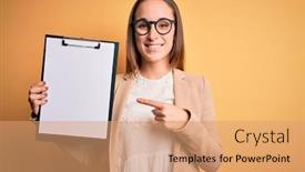  Presentation with inspector - Slide set having beautiful-inspector-woman-wearing-glasses background and a coral colored foreground