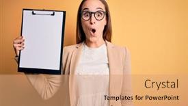  Presentation with inspector - Beautiful slide deck featuring beautiful-inspector-woman-wearing-glasses backdrop and a coral colored foreground