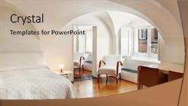  Presentation with bed hotel - Beautiful presentation theme featuring beautiful interior of hotel apartment backdrop and a soft green colored foreground