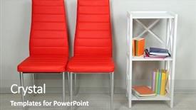  Presentation with modern color - Amazing theme having beautiful interior with modern color chairs books on wooden stand on wall background backdrop and a gray colored foreground