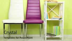  Presentation with modern color - Cool new slides with beautiful interior with modern color chairs books on wooden stand on wall background backdrop and a mint green colored foreground