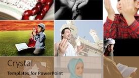  Presentation with people collage - Cool new presentation theme with beautiful islam collection collage of several photos muslim people and their activities backdrop and a coral colored foreground