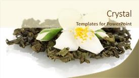  Presentation with jasmine flower - Presentation theme enhanced with beautiful jasmine flower and dry green tea isolated on white background and a cream colored foreground