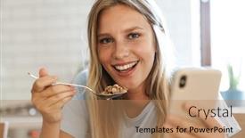  Presentation with breakfast cereal - Presentation theme having beautiful-joyful-girl-using-cellphone background and a coral colored foreground