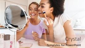  Presentation with multicultural - Slide deck consisting of beautiful-joyful-multicultural-girls-smiling background and a coral colored foreground