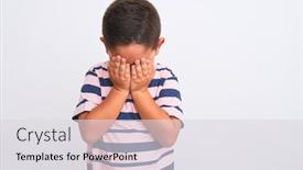  Presentation with crying - Audience pleasing presentation design consisting of beautiful kid boy wearing casual striped t-shirt standing over isolated white background with sad expression covering face with hands while crying depression concept backdrop and a light gray colored foreground